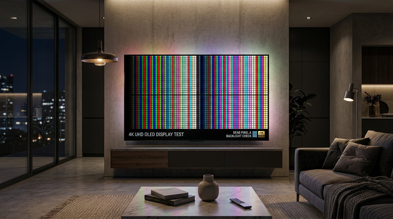 Modern 4K UHD Smart TV displaying a fullscreen dead pixel and color purity test