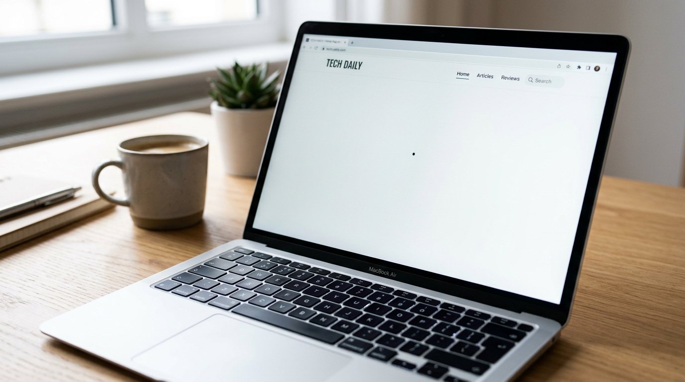 Modern laptop open on a desk showing a display screen with an isolated black dot defect