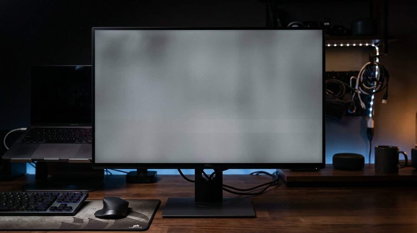 Computer monitor displaying a 50% gray screen uniformity test pattern for diagnosing Dirty Screen Effect (DSE)