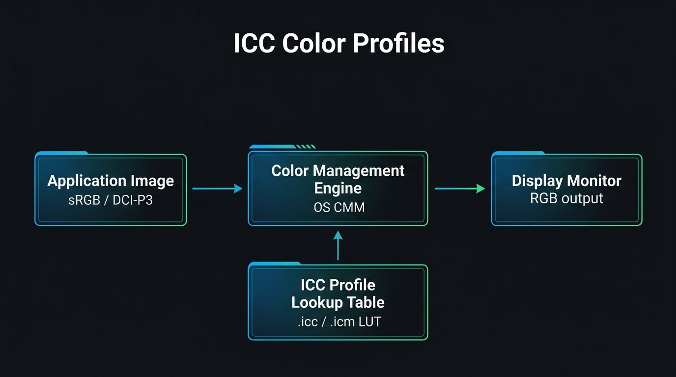ICC Profile Color Management Workflow architecture showing Application, Color Management Engine, and Display