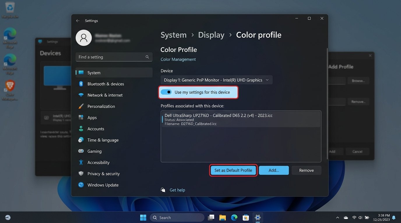 Windows 11 Color Management UI showing Use my settings for this device and Set as Default Profile