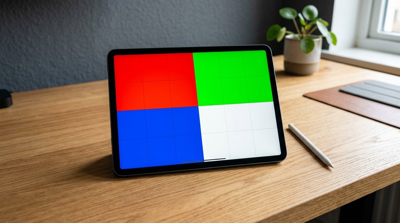 Apple iPad Pro displaying a fullscreen dead pixel screen test