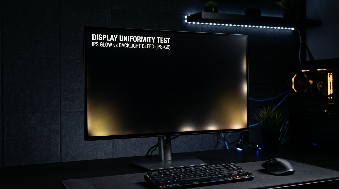 A modern high-end computer monitor displaying a screen uniformity diagnostic test illustrating the difference between IPS glow and backlight bleed