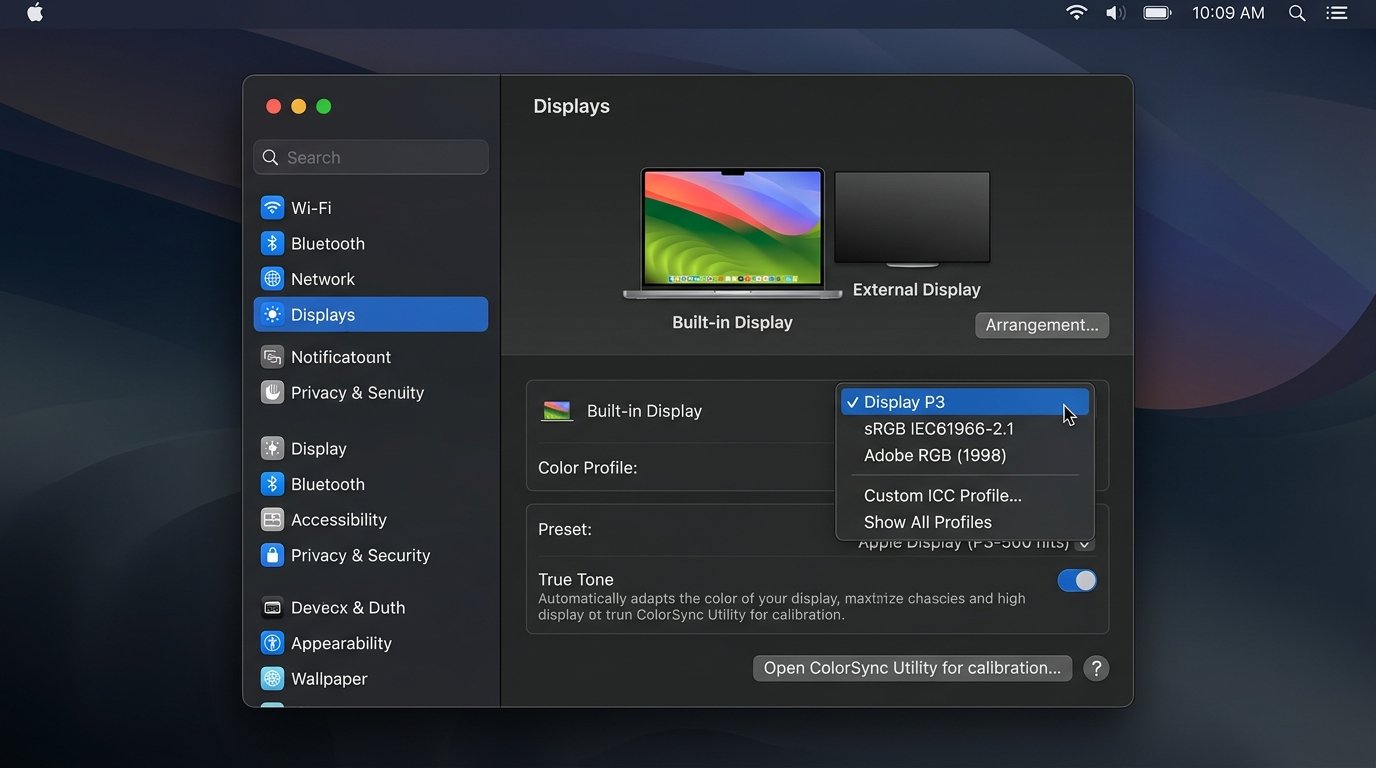 macOS System Settings Displays panel showing Color Profile selection and ColorSync Utility calibration options