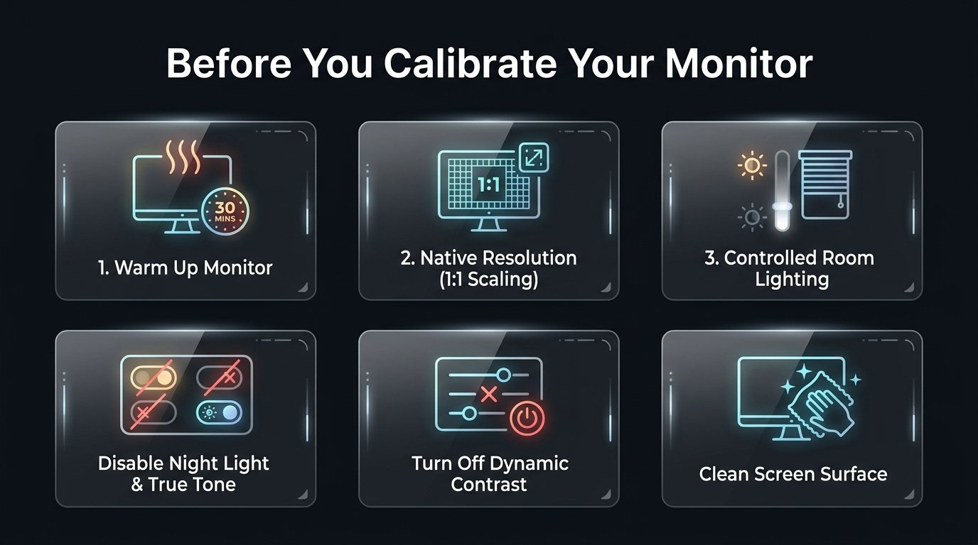 Checklist infographic showing the essential steps to prepare before calibrating a monitor
