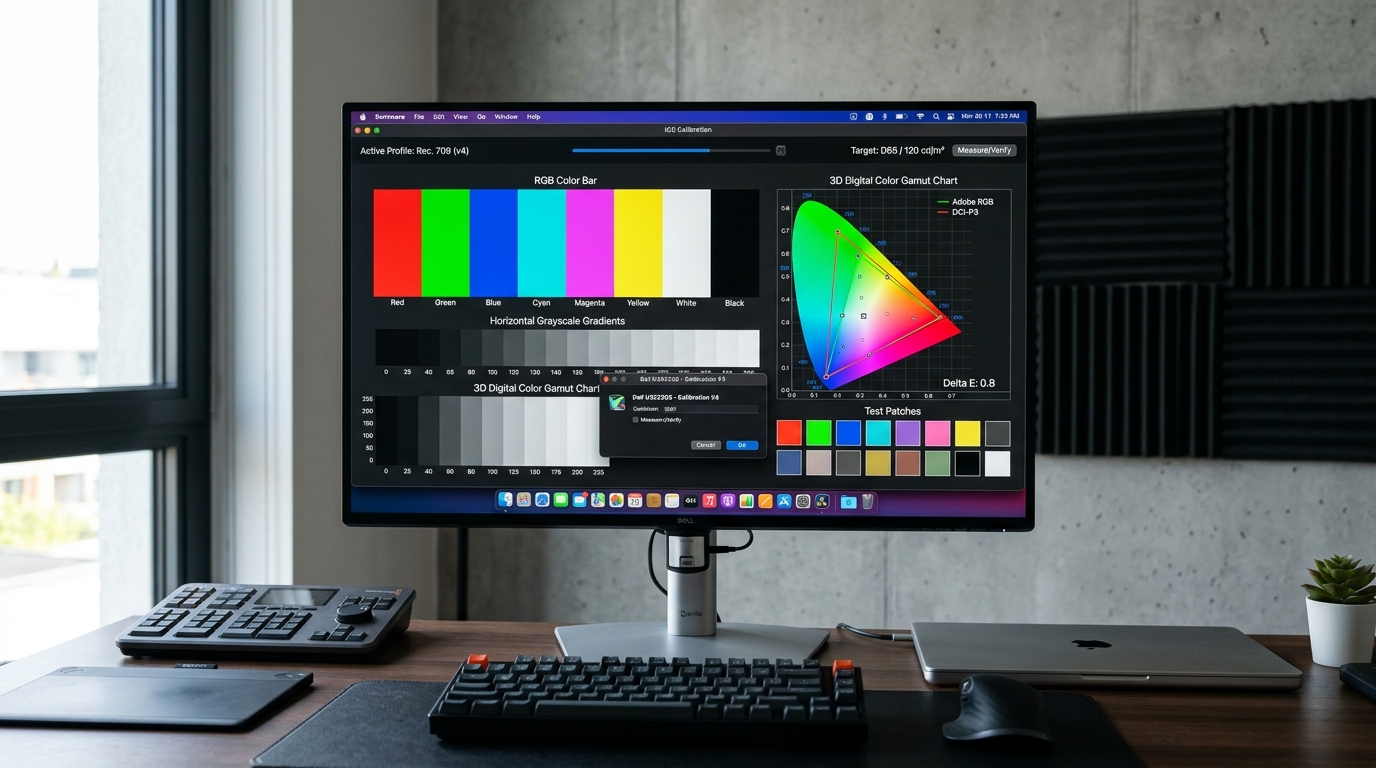 Monitor displaying ICC color profile and color calibration patterns for Windows 11 and macOS