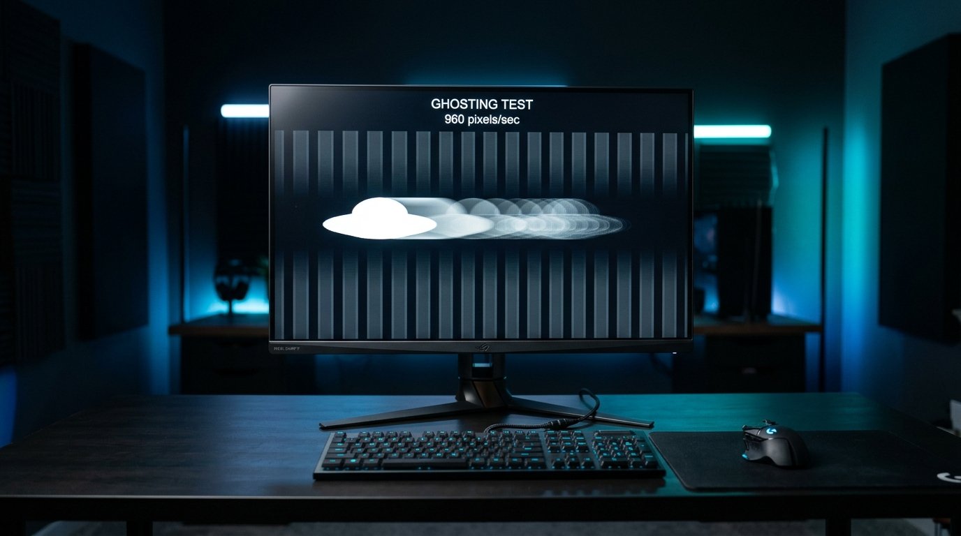 Gaming monitor displaying UFO motion test with ghosting trails and inverse ghosting overshoot artifacts