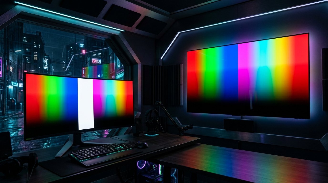 High-end OLED gaming monitor running a screen uniformity and burn-in color test
