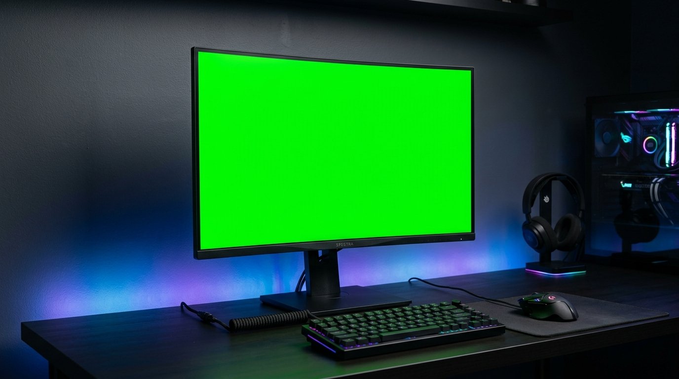 Modern gaming monitor on desk setup running a full-screen solid color test pattern to detect dead pixels before purchase
