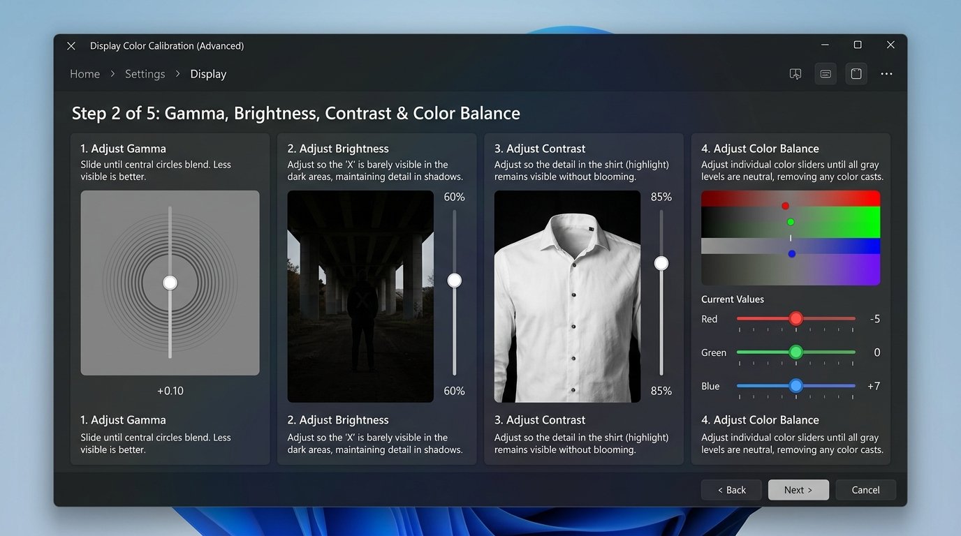 Step by step visual illustration of Windows 11 Display Color Calibration wizard showing Gamma, Brightness, Contrast, and Color Balance
