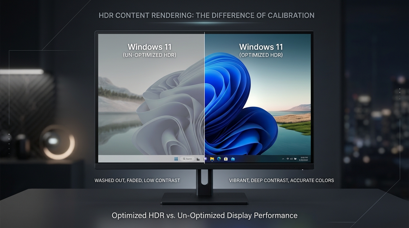 Comparison of washed-out HDR colors and properly calibrated HDR display colors on Windows.